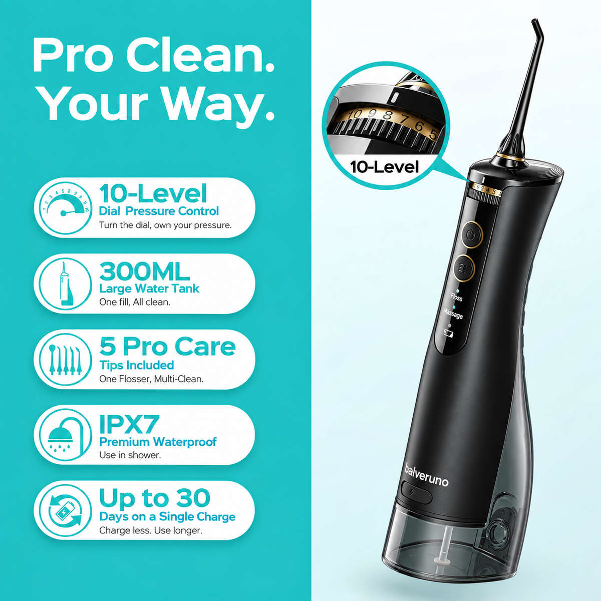 Balveruno® Water Dental Flosser, 10 Pressure Levels, Black Pro