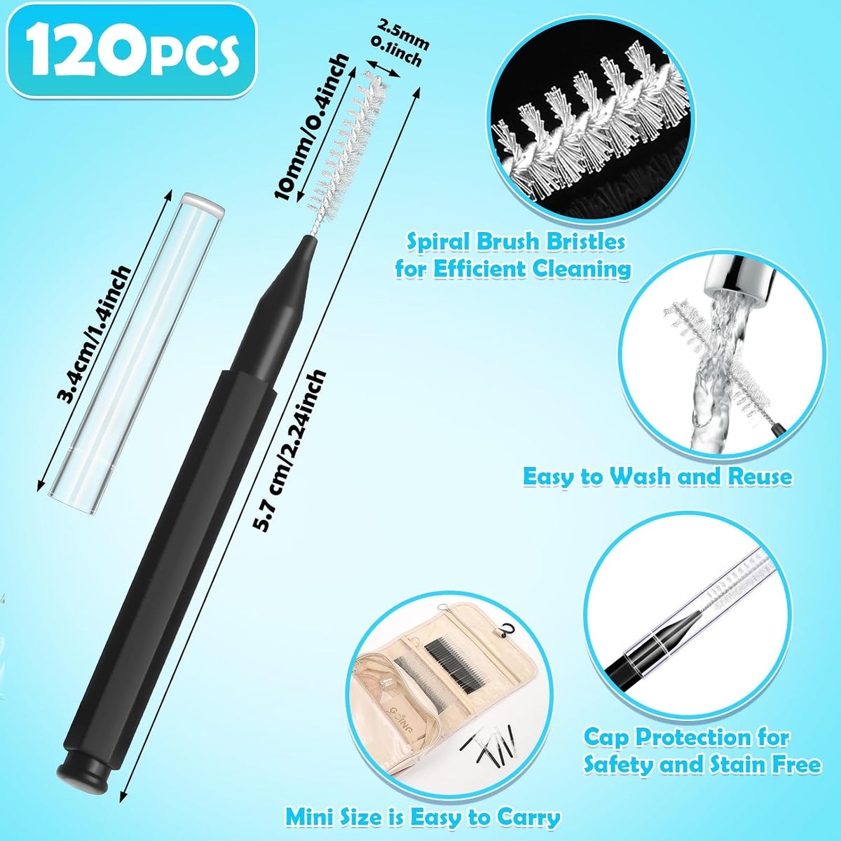 Balveruno® 120 Pieces Braces Brush Cleaner Orthodontic Flossers Toothpicks Floss Picks for Braces Kit for Teeth Cleaning Tools Spiral Dental Brush Head for Efficient Oral Care Black