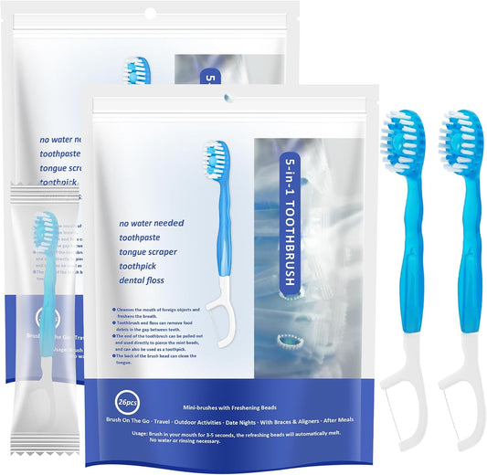 Balveruno® 5 in 1 Mini Brushes-Disposable Toothbrushes with Toothpaste + Floss + Pick + Tongue Scraper | Travel Size | Individually Wrapped | Soft | Mint