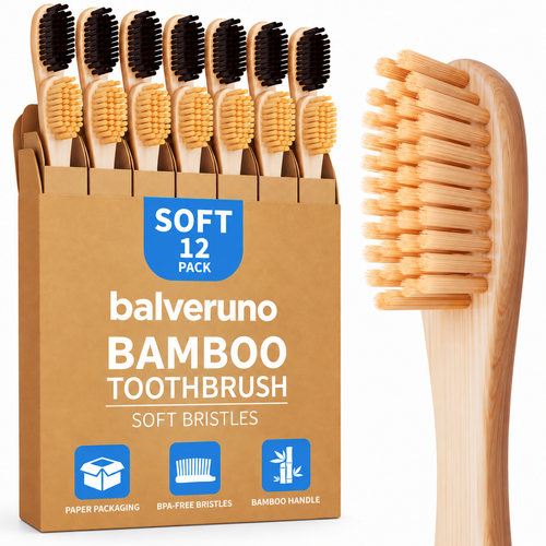 Balveruno® Bamboo Toothbrushes 12 Pack BPA Free Soft Bristles Toothbrush